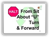 40. HALT   From Sit   About U Turn & Forward. The handler cues the dog to heel, turns 180 degrees to his/her left, and immediately moves forward with the dog in heel position.