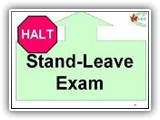 31. HALT   Stand   Leave   Exam. Two exercise signs, numbers 31 and 32, are needed for this exercise. The handler halts and the dog sits at heel. The handler then cues the dog to stand. The handler may NOT touch the dog to help it stand but may gently touch the dog to stabilize or position it once it is standing. Handler then cues the dog to wait/stay, then leaves, walks 6 feet (1.83 m) away, and turns to face the dog. The judge steps forward and examines the dog briefly by touching him/her lightly on the shoulders and the back (not on the head) then steps away.  

Deductions: Displays of aggression or extreme shyness shall be scored as NQ-IP.  Moving slightly during exam will result in a 1-2 point deduction.  Failure of the dog to stand or to remain standing until given the cue to heel forward, or turning in a circle to follow the handler, shall result in NQ-IP.   
