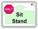 2. HALT   Sit   Stand.
While heeling, the team comes to a halt and the dog sits in heel position.  The handler then cues the dog to stand.  The handler may NOT touch the dog to help it stand but may gently touch the dog to stabilize or position it once it is standing. When the dog is standing, the handler resumes a proper heel position and cues the dog to heel forward from the stand.
Deductions: If the dog fails to sit or fails to stand the station will be scored as NQ -IP. If the dog sits before being cued to heel forward, it will be scored as a NQ-IP.
General Note about the SIT: 
In Rally-O stations where the dog/handler are required to Halt, the dog must sit at heel when the handler stops.  In stations requiring a Finish, the dog is required to sit at heel before the team continues to the next station. The sit may be cued or automatic. A crooked sit will have points deducted if the dog is more than 45 degrees to the heel position.  A sit within this angle will not have points deducted. Deductions shall be minor (1 - 2 points) depending on the degree of Crookedness.