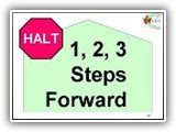 27. HALT   1, 2, 3 Steps Forward. With the dog sitting in heel position, the handler cues the dog to heel and takes one step forward, then halts. Two steps and a halt, then three steps and a halt follow this. The dog moves with the handler, maintaining heel position, and must sit each time the handler halts.  Handler may cue the dog to sit at each halt. The intent of this station is that the dog moves when the handler moves and Sits when the handler Halts. Therefore handlers MUST move and HALT 4 times and must meet the minimum required steps. Failure to meet the minimum required steps shall be scored as a non-qualifying score.  Should the handler add additional steps in error, this would incur a deduction of 3 pts for Handler Error for each part of the sequence that is incorrect but would not NQ, unless maximum point deductions for that station are accumulated.
Deductions:   Failure of the dog to sit at each of the Halts will result in NQ-IP.  Failure of the dog to move with the handler will result in NQ-IP

