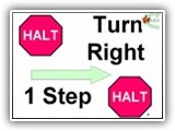 28. HALT   Turn Right   1 Step   HALT. With the dog sitting at heel, the handler cues the dog to heel as she/he turns to the right (in place), while taking  one step in that direction with either the right or left foot, “closing” with the other foot, then halts.  OR HALT turn right then take one step with the right or left foot and closing with the other foot. The dog moves simultaneously with the handler while maintaining heel position. When the handler halts after taking the one step, the dog must sit.

Deductions: Failure of the dog to sit at either halt will result in NQ-IP. Failure of the dog to move with the handler during the turn will result in NQ-IP
