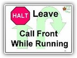 43. HALT   Leave   Call (Dog) Front While Running. The team comes to a halt and the dog sits in heel position. The handler gives the dog a stay or wait cue and starts running forward. After 2 or 3 running steps, the handler calls the dog front. The dog must immediately start running to overtake the handler.  As the dog approaches heel position, the handler slows down, and allows the dog to come to the front position.  The handler may take 3 4 steps backwards to accomplish the front.  The speed that the handler runs is determined by the dog’s ability to overtake the handler.  The exercise should be completed in approximately 30 feet (9.14 m ).Because this exercise concludes with the dog sitting in front of the handler, it must be followed by Exercise 35 (Finish Right), Exercise 35 A (Forward Right),  36 (Finish Left) or 36A (Forward Left).
Deductions: Failure of the dog to sit in the front position will result in an NQ – IP. Failure of the dog to remain sitting until cued to front but remaining in position results in a substantial 3-5 point deduction.  Complete failure to remain in position, or anticipating the call front, shall be scored as non-qualifying.
