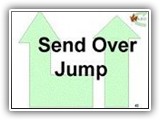  42. Send Over Jumps The jump may be either a solid or bar jump   the broad jump shall not be used.  All jumps must be constructed in a manner that provides stability and safety for all dogs.  Jump width is to be a minimum of four feet. (1.2 m).  Single bar jumps are preferable but not required. A 10 foot (3m) line shall be placed, on the floor (surface) in front of the jump, to mark the distance to the jump for scoring purposes. A six foot (1.83 m) line shall be placed on the floor or surface at the side of the jump to mark the distance for scoring purposes.  The principle of this exercise is to show the ability of the dog to work away from the handler.
Once the dog has been sent over the jump, the handler may proceed along the outside of the six foot (1.83 m) line
This station begins approximately 20 feet (6.10 m) in front of and 6 feet (1.83 m) to the right of the jump. The send position is at least 10 feet in front of and 6 feet to the right of the obstacle (can be right or left in Versatility). See appendix G
Dog Errors: Failure of the dog to take the jump:  see CARO Point Deductions.
In Excellent class only:  Once the dog is sent toward the jump, if the dog passes the “zero line” of the jump without going over, it will be considered a refusal, and result in an NQ.  If the handler gives a second cue before the dog passes the jump, deductions will be made for the extra cue but the dog will not NQ if it does the jump.
In Advanced, the jump can be attempted three times (3 x) and would count as a repeat of station not an NQIP
Handler Errors See Appendix G

