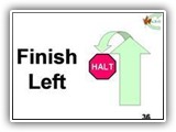 36. Finish Left. With the dog sitting in the front position, handler cues the dog to finish to the left. The dog moves to the handler’s left, turns toward the handler and moves into a sit in the heel position. The flip finish, where the dog leaps up and to the left of the handler, turns in the air and lands in a sit in heel position, is also acceptable.

Deductions: Failure of the dog to sit at heel before moving forward will result in an NQ – IP.
