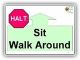 5. HALT   Sit   Walk Around. While heeling, the team comes to a halt with the dog sitting in the heel position.  The handler gives the dog a “stay” or “wait” cue and walks around the dog to his/her left, and back to heel position. Handler then cues the dog to heel and moves toward the next exercise station.
Deductions: Slight movement of the dog’s feet will be a minor deduction (1   2 points). Failure of the dog to sit or remain sitting until given the next cue, or turning in a circle to follow the handler shall result in NQ-IP.

