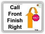 V14     Call Front Finish Right
 The Call Dog Front part of this station is performed as in Station 11. 
For the second part, the handler cues the dog to move from the front position to the handler’s right heel position, and into the “right heel” position and sitting. 

Failure of the dog to Sit in the “Front” or “Right Heel” position will result in NQ-IP.
