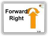 V19 Forward Right   
The handler cues the dog to move to the handler’s right heel position, by turning toward the handler and moving into the “right heel” position. The dog moves into the heel position without sitting at heel.
The dog must commit to the cue before the handler moves forward. Walking into the dog to force the dog to move will be considered a physical correction and result in an NQ
Guidelines.  See V16 

